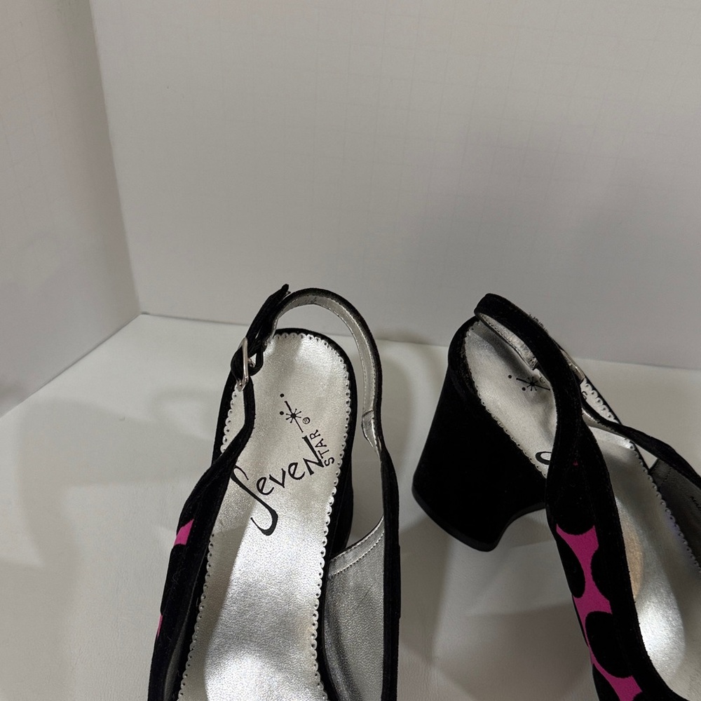 Seven Stars Black and Pink Velvet Polka Dot Heels - Picture 2 of 4
